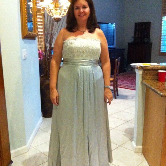 Theia SIlver Silk Strapless Gown with Beaded Bodice Size 14 - Picture 2 of 7